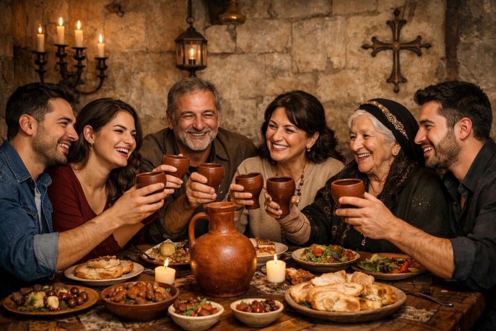 Yemek yiyen Süryani bir aile