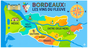 Bordeaux bölgesinde yer alan küçük bölgelerin farklı renklerle gösterildiği illüstratif harita